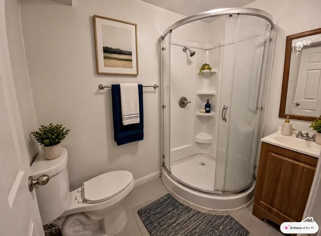Curved glass shower enclosure with built-in shelving, wood-finish vanity with countertop sink, and a modern toilet