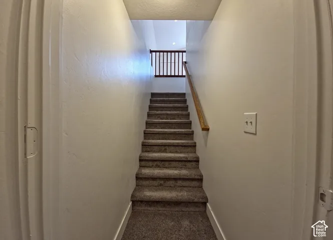Carpeted staircase featuring a light wood handrail and dark wood balusters