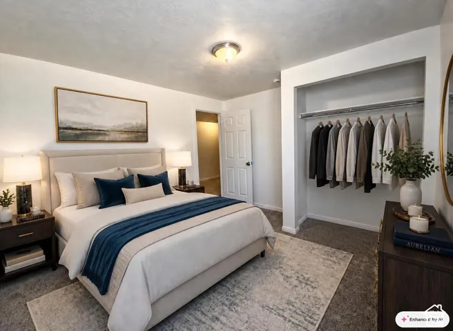 Plush carpeting, recessed closet with hanging rod, and ceiling-mounted flush light fixture