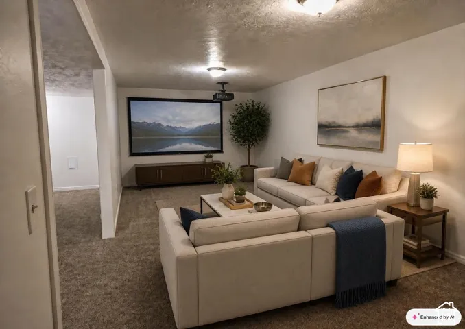 Expansive room featuring neutral-toned carpeting, gray painted walls, and a textured ceiling