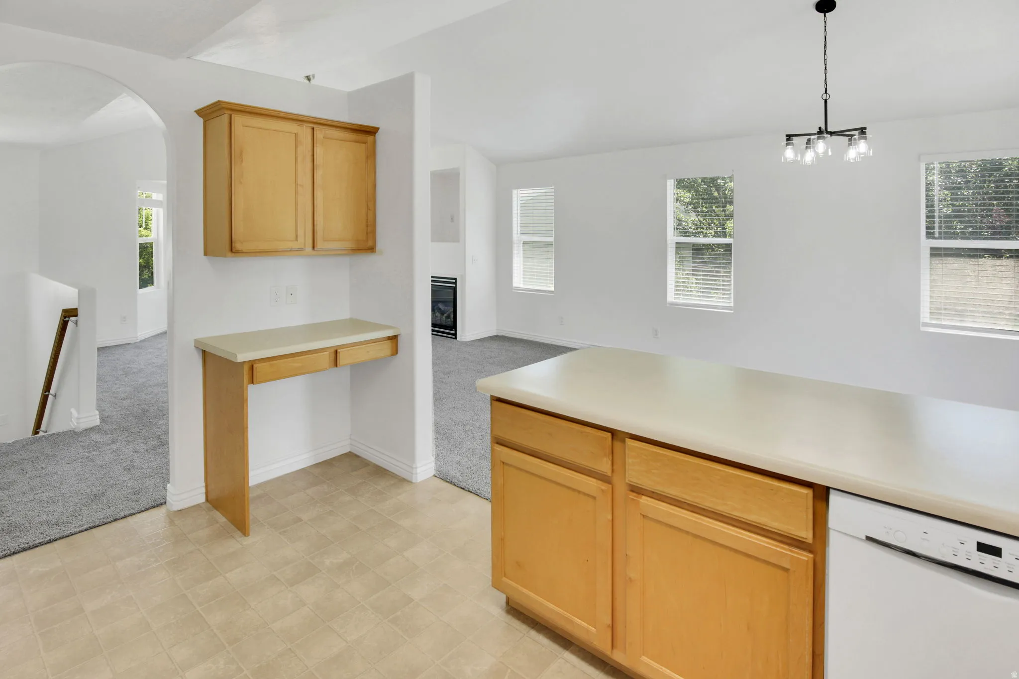 Kitchen area featuring wood-finish cabinetry, solid surface countertops, and an integrated dishwasher