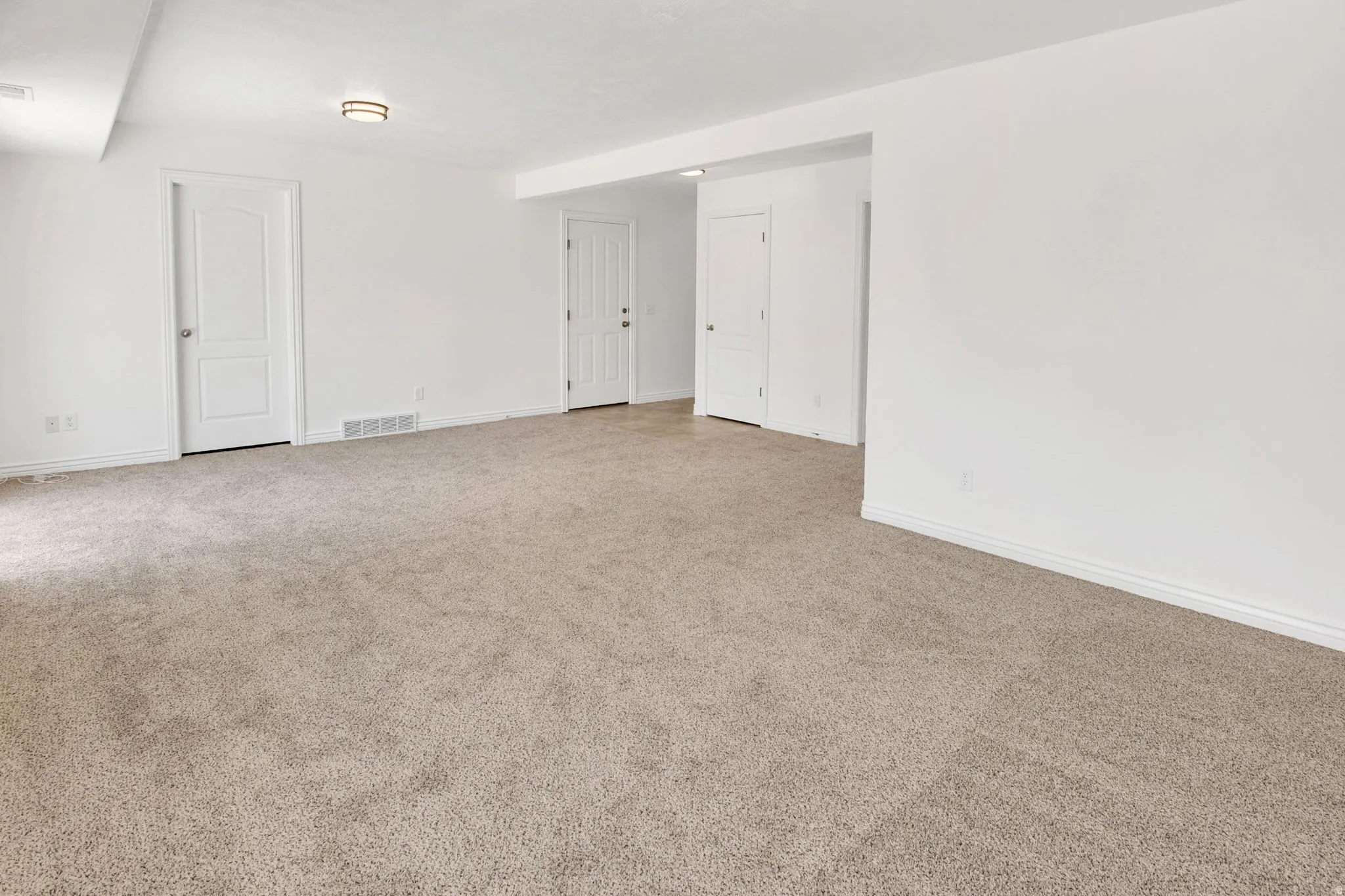 Spacious carpeted room featuring white walls and trim