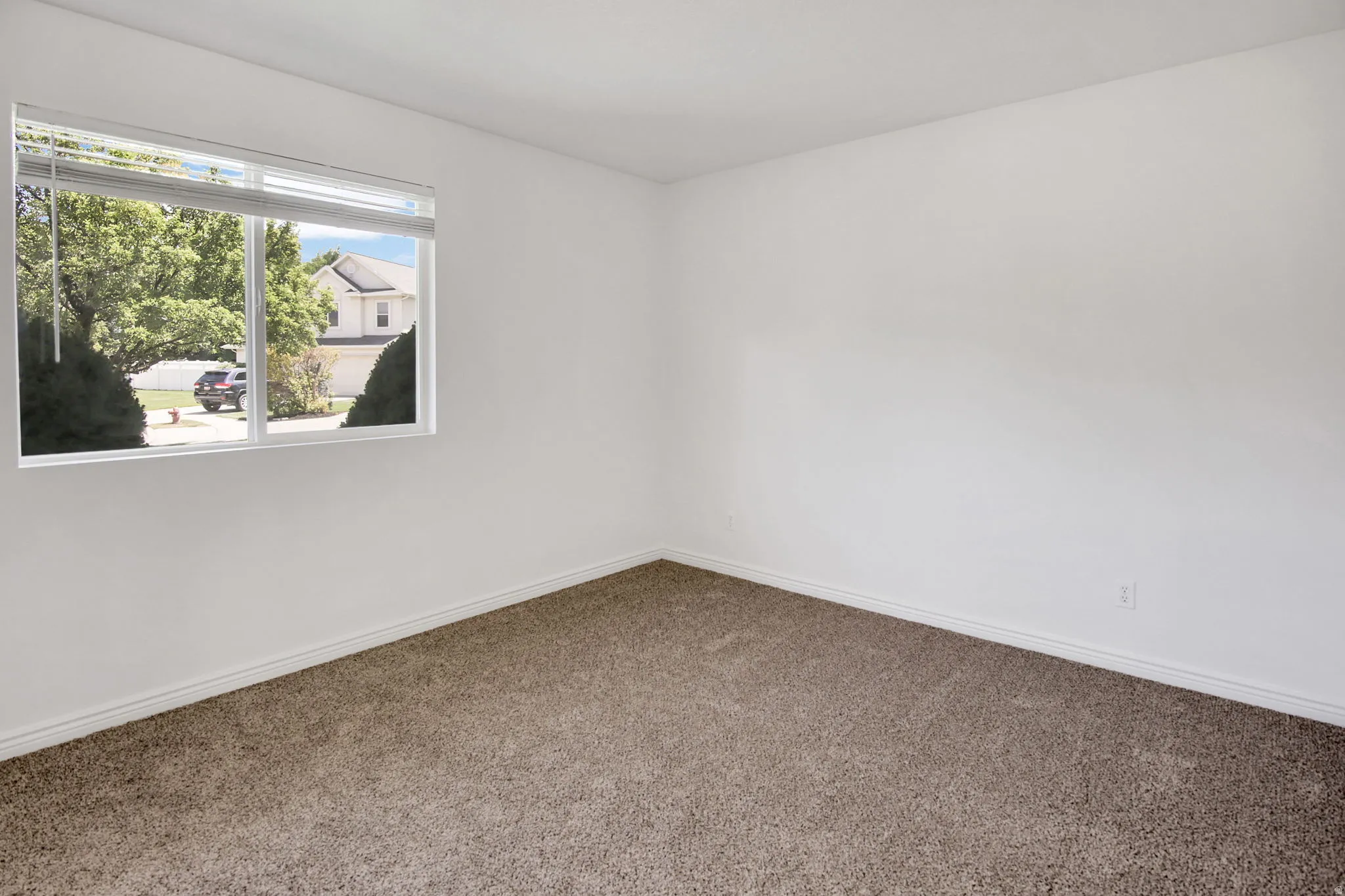 Carpeted room with a large window and white horizontal blinds