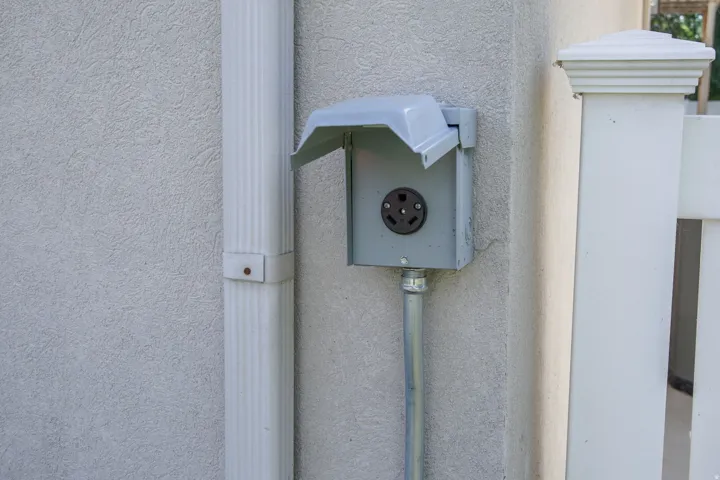 Exterior electrical outlet with weather-resistant cover, metal conduit, and stucco wall finish