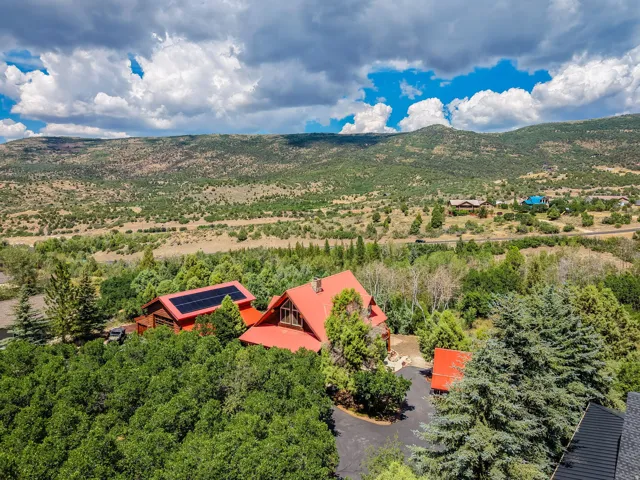 Red-roofed residence featuring a prominent solar panel array, surrounded by lush mature trees