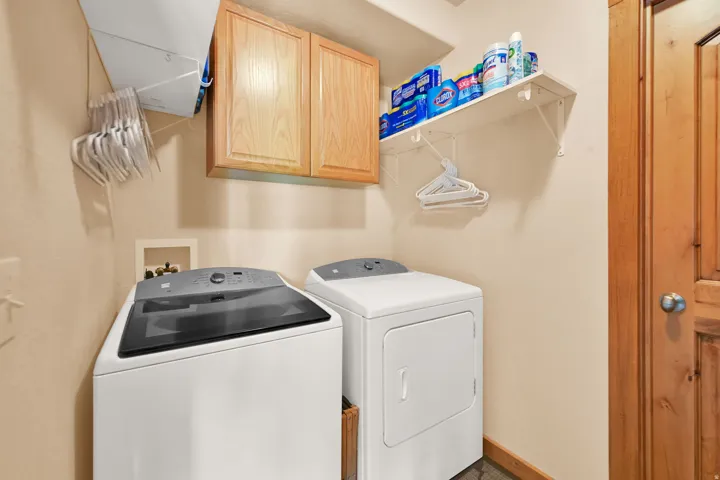 Dedicated laundry area featuring overhead cabinetry, wall-mounted shelving, and a wood-panel door