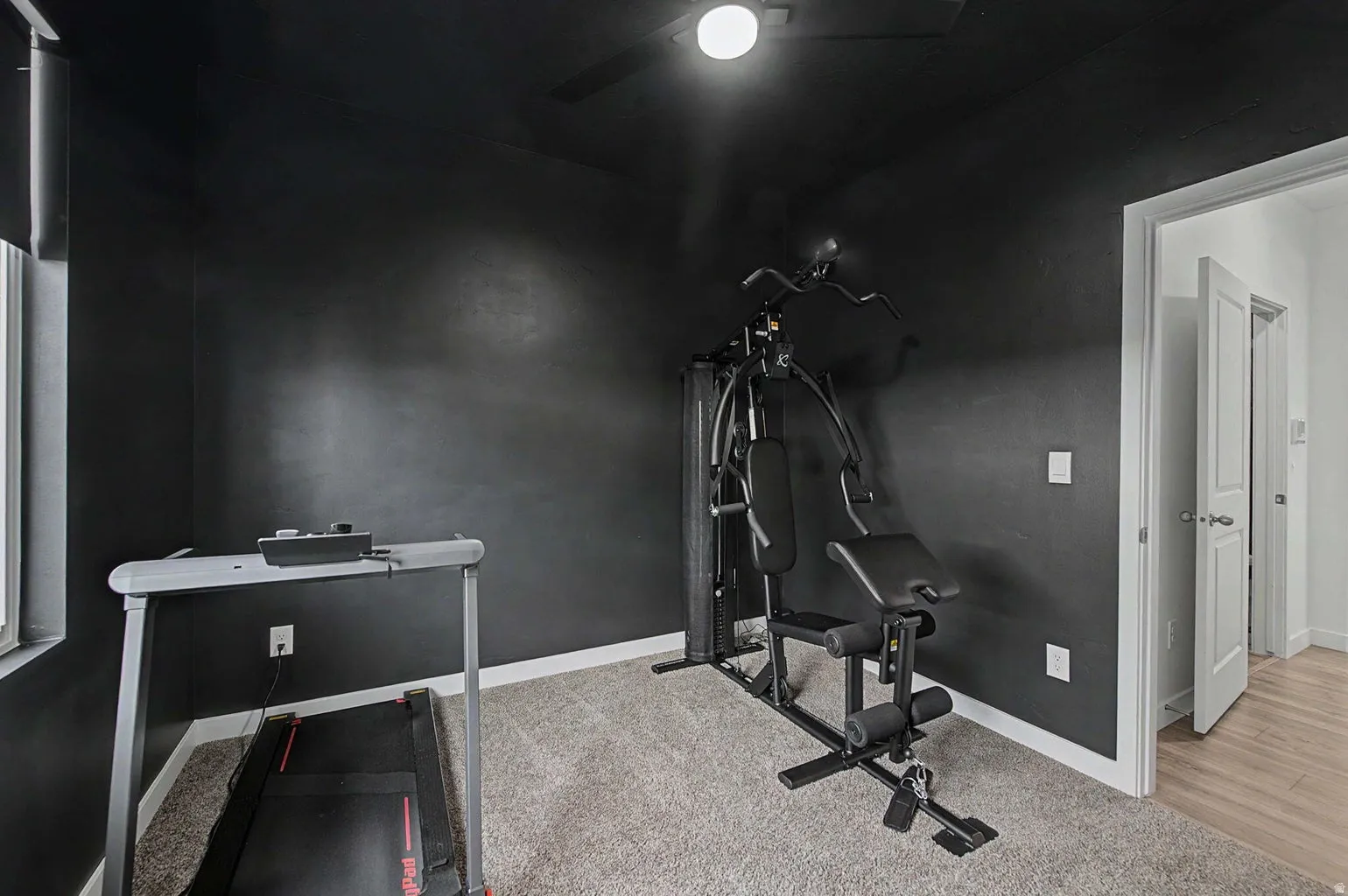 Interior room featuring dark walls, light gray carpeting, and white baseboards