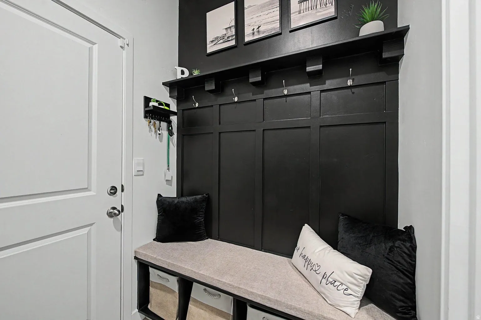 Built-in mudroom bench with integrated storage cubbies