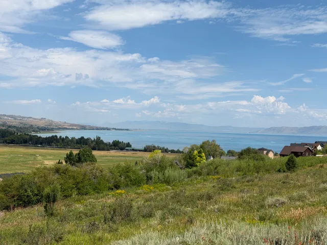 Expansive landscape featuring a large body of water, distant mountains, and varied natural vegetation