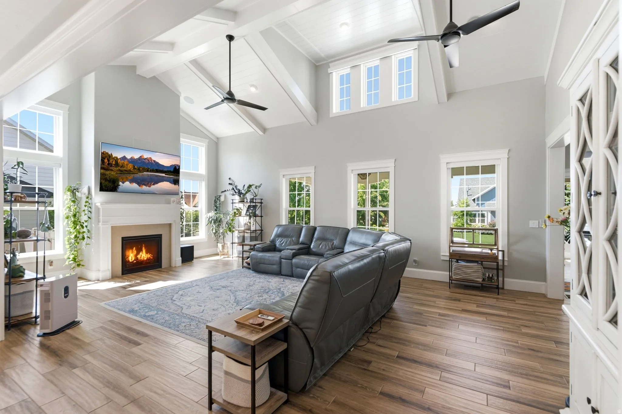 Open great room with gas fireplace