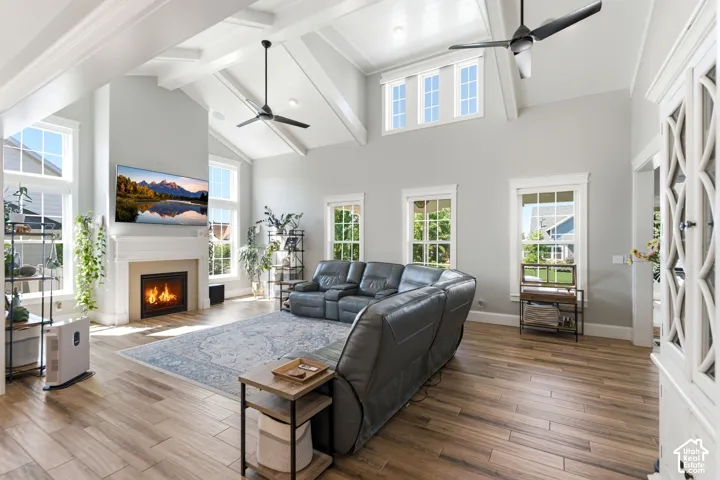 Open great room with gas fireplace