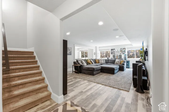 Great room-view of stairs going to 2nd level