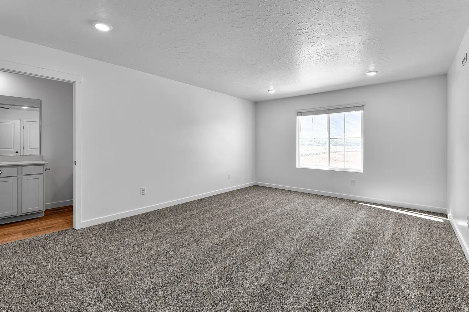Spacious room featuring gray carpet, recessed lighting, and a large window