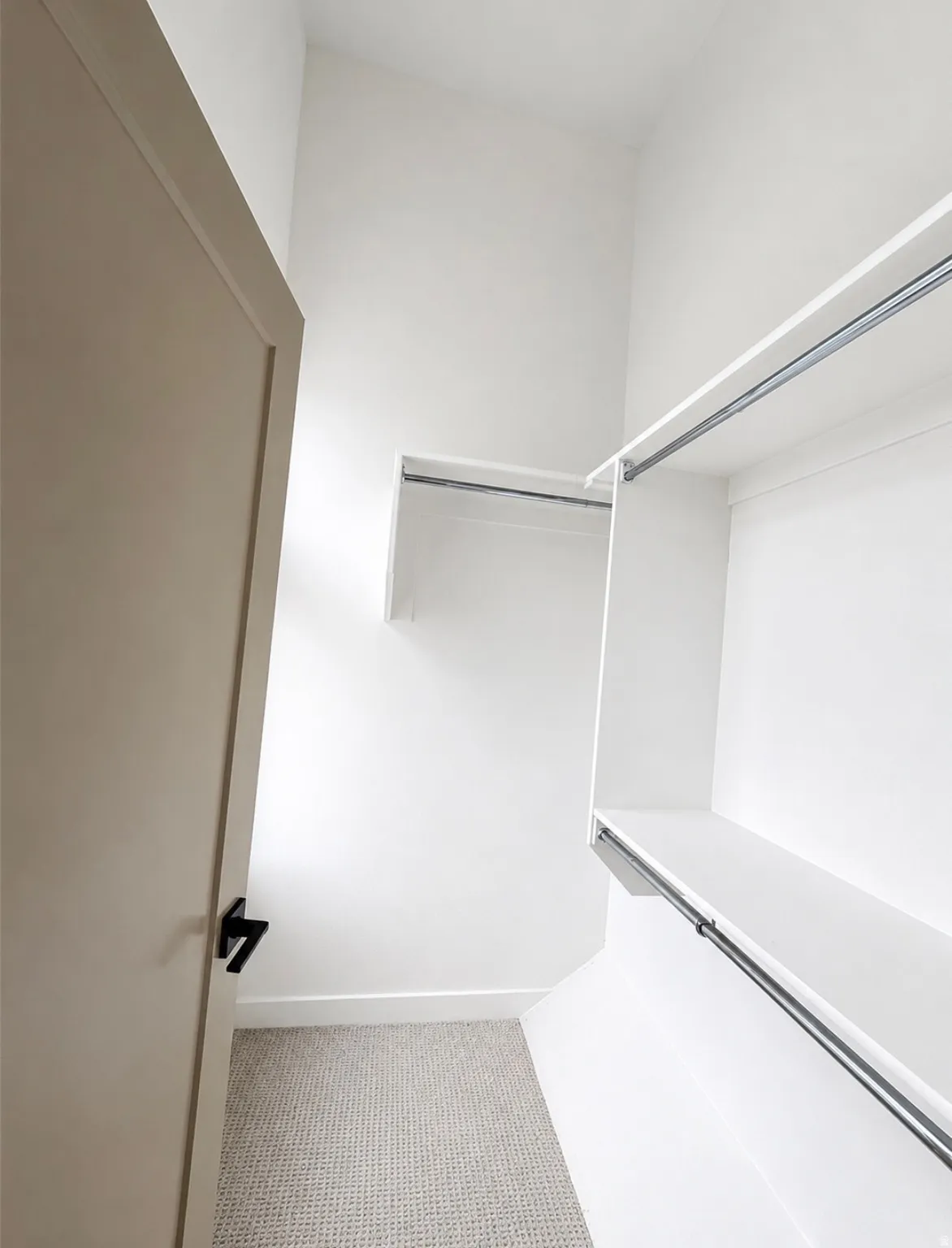 Walk-in closet featuring white built-in shelving, hanging rods, and light-toned carpeting