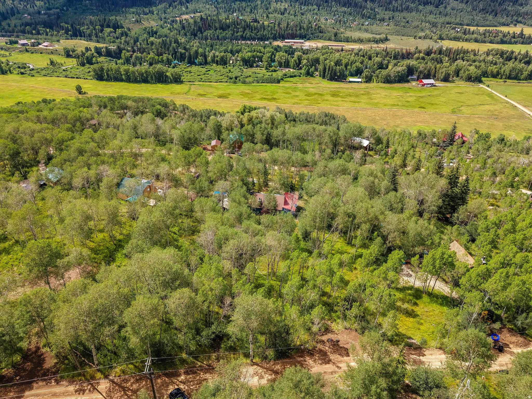 Expansive aerial perspective showcasing a verdant landscape with mature trees