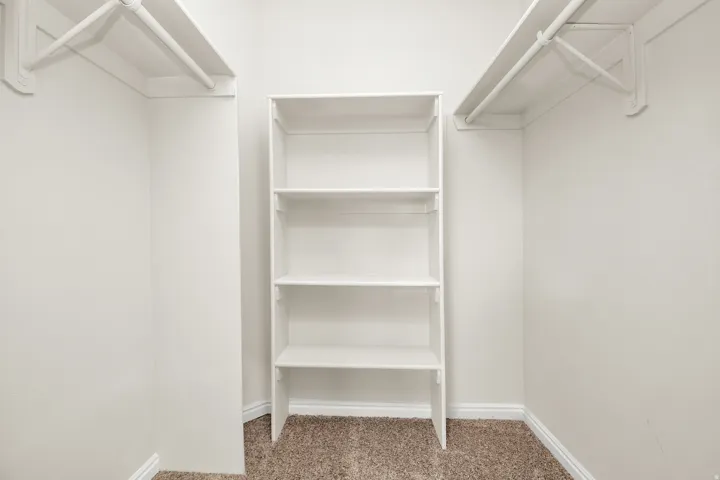 Walk-in closet featuring built-in shelving, dual hanging rods, light-colored walls, white trim, and carpet flooring