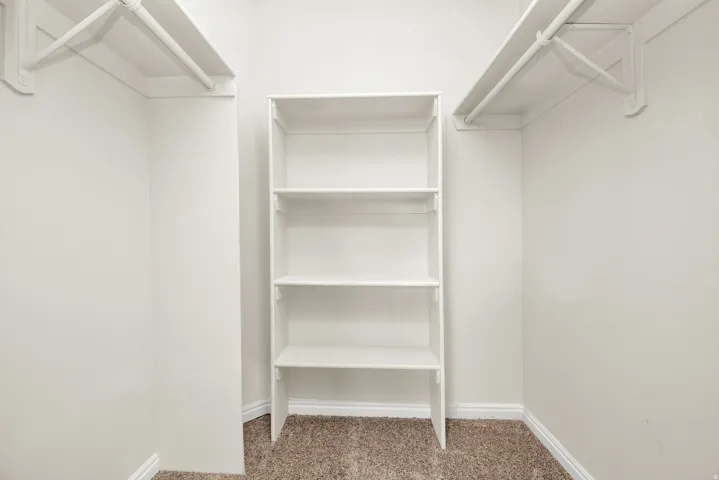 Walk-in closet with carpet flooring, white walls, and white baseboards