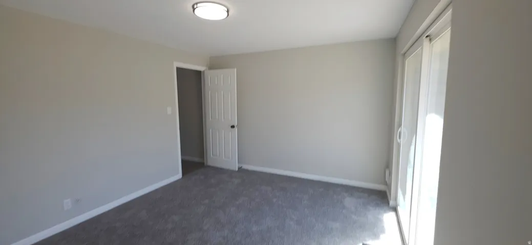Neutral-toned room featuring plush grey carpeting and light grey wall paint