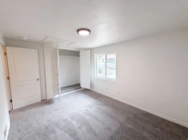 Carpeted room featuring a double-door closet, a single window, and a flush-mount ceiling light fixture