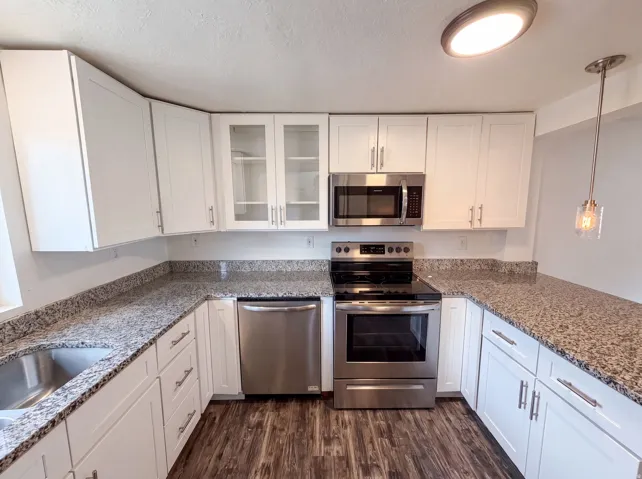 Kitchen featuring white cabinetry with brushed nickel hardware, speckled countertops, stainless steel appliances, and wood-finish flooring