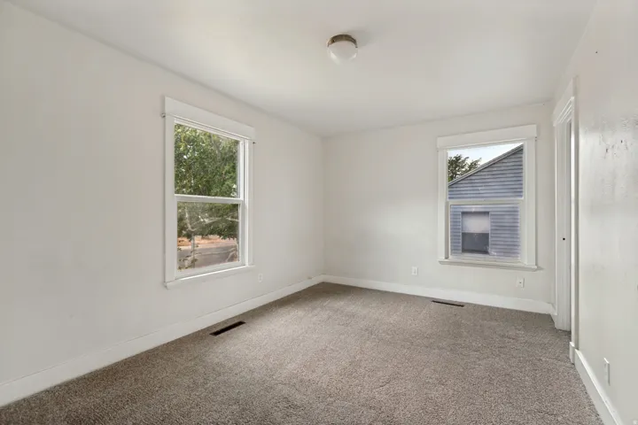 Room featuring two double-hung windows, carpet flooring, baseboard trim, and a ceiling-mounted light fixture