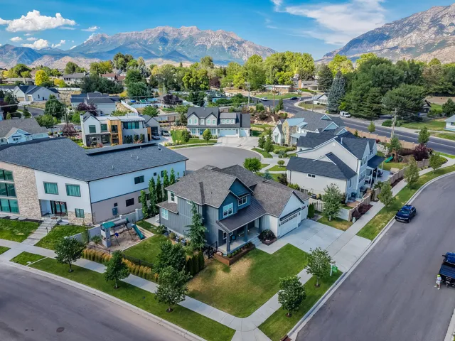 Aerial perspective showcasing a residential neighborhood with varied architectural styles