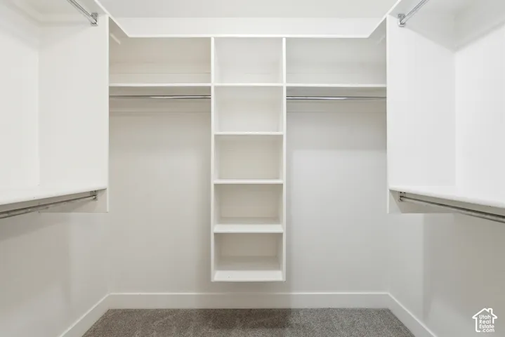 Walk-in closet with integrated shelving, multiple hanging rods, white walls, white baseboards, and carpet flooring