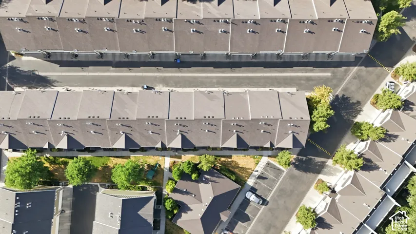 Aerial perspective showcasing residential rooftops with consistent architectural styling