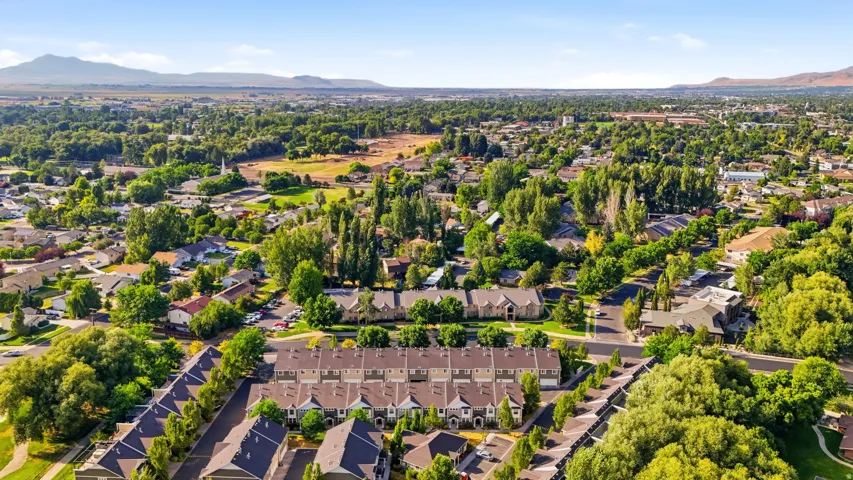 Expansive residential landscape featuring mature trees and a distant mountain range