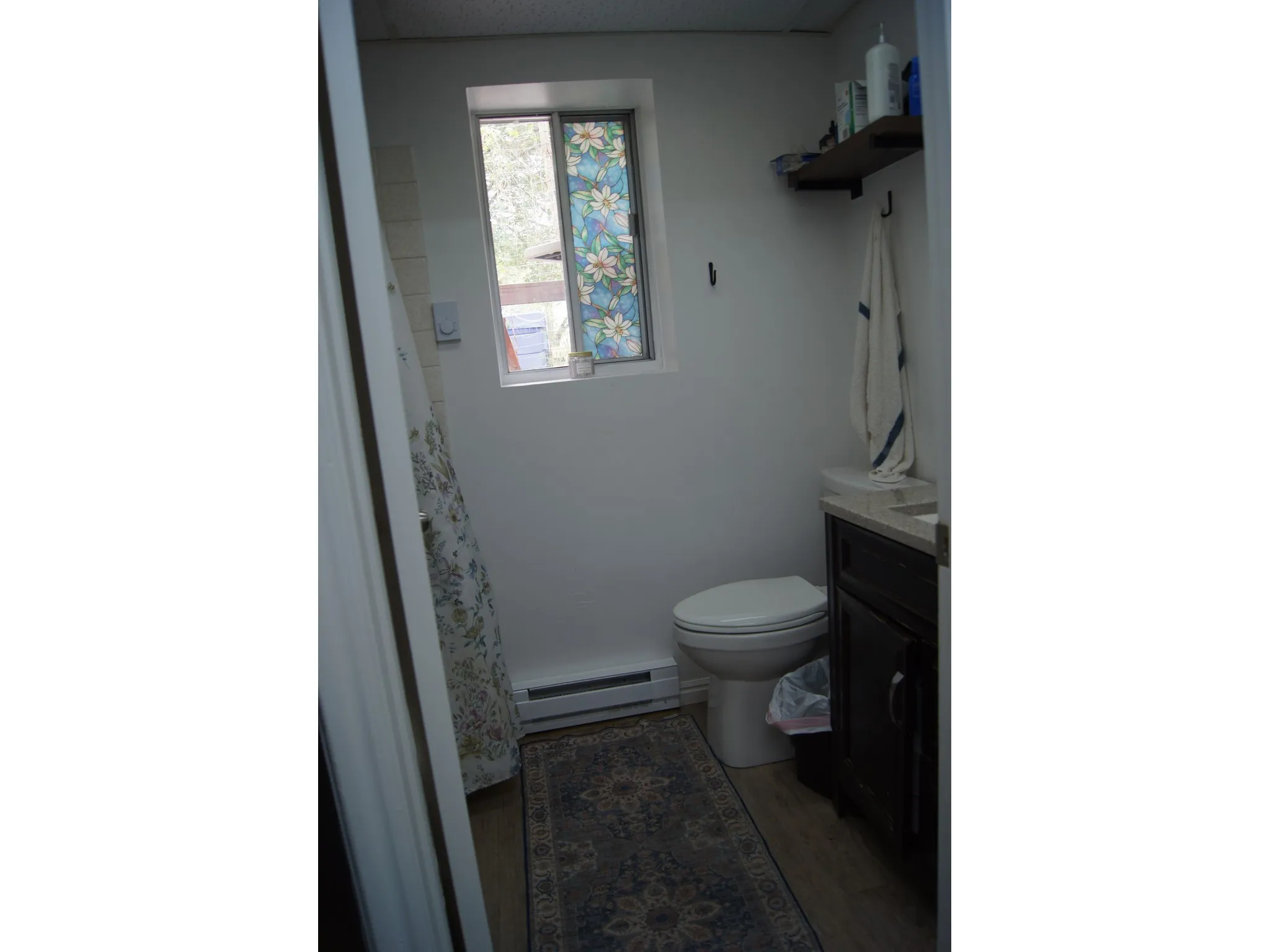 Bathroom featuring a floral-patterned window, wood-finish flooring, and white baseboards