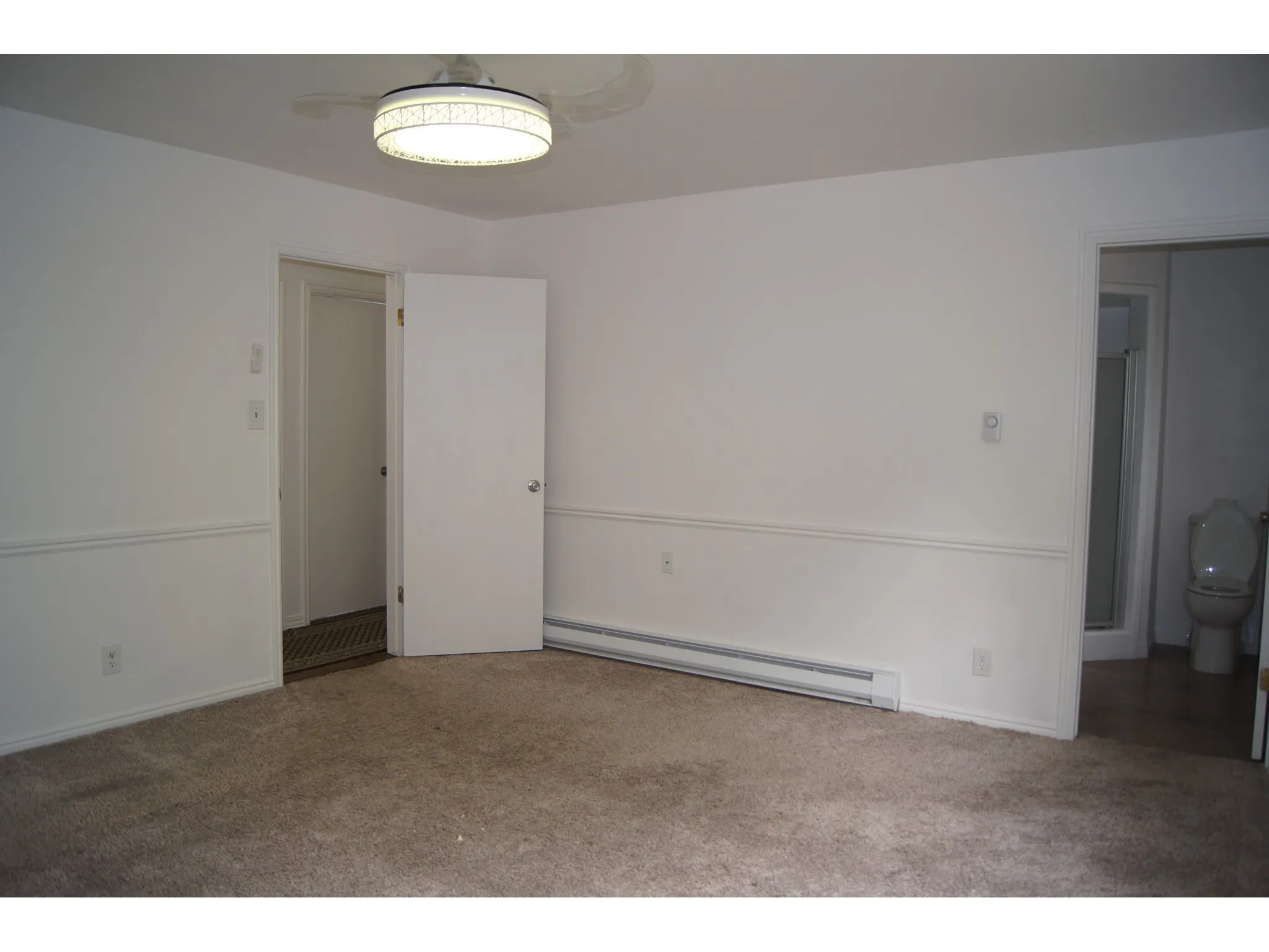 Master Bedroom Carpeted room with white walls, chair rail molding, and a ceiling-mounted light fixture