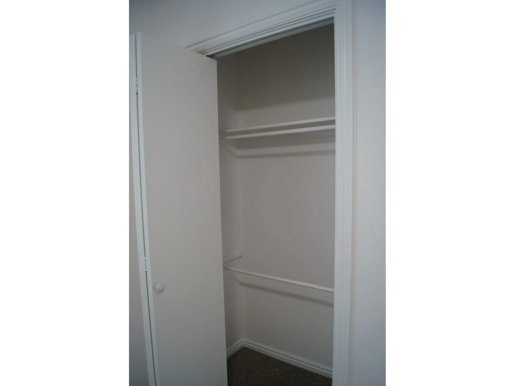Bedroom 2 Integrated closet with hanging rods and shelving, featuring neutral wall paint and carpet flooring