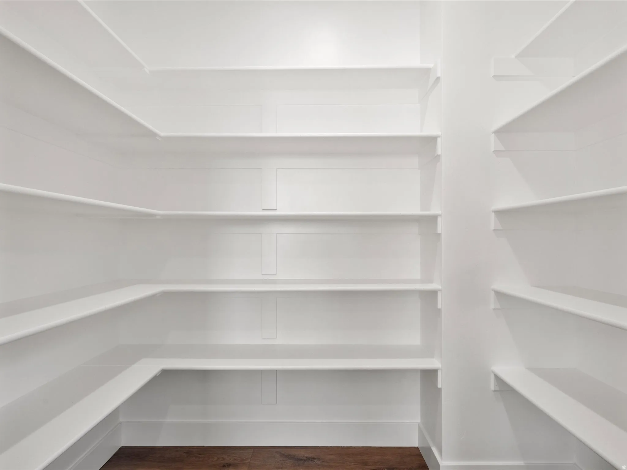 Walk-in pantry featuring white shelving, ample storage space, and dark wood-finish flooring