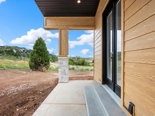 Entryway featuring light wood-finish siding and a black-framed glass door