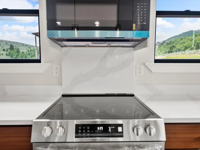 Modern kitchen featuring an electric range, stainless steel over-the-range microwave, and a complementary range hood