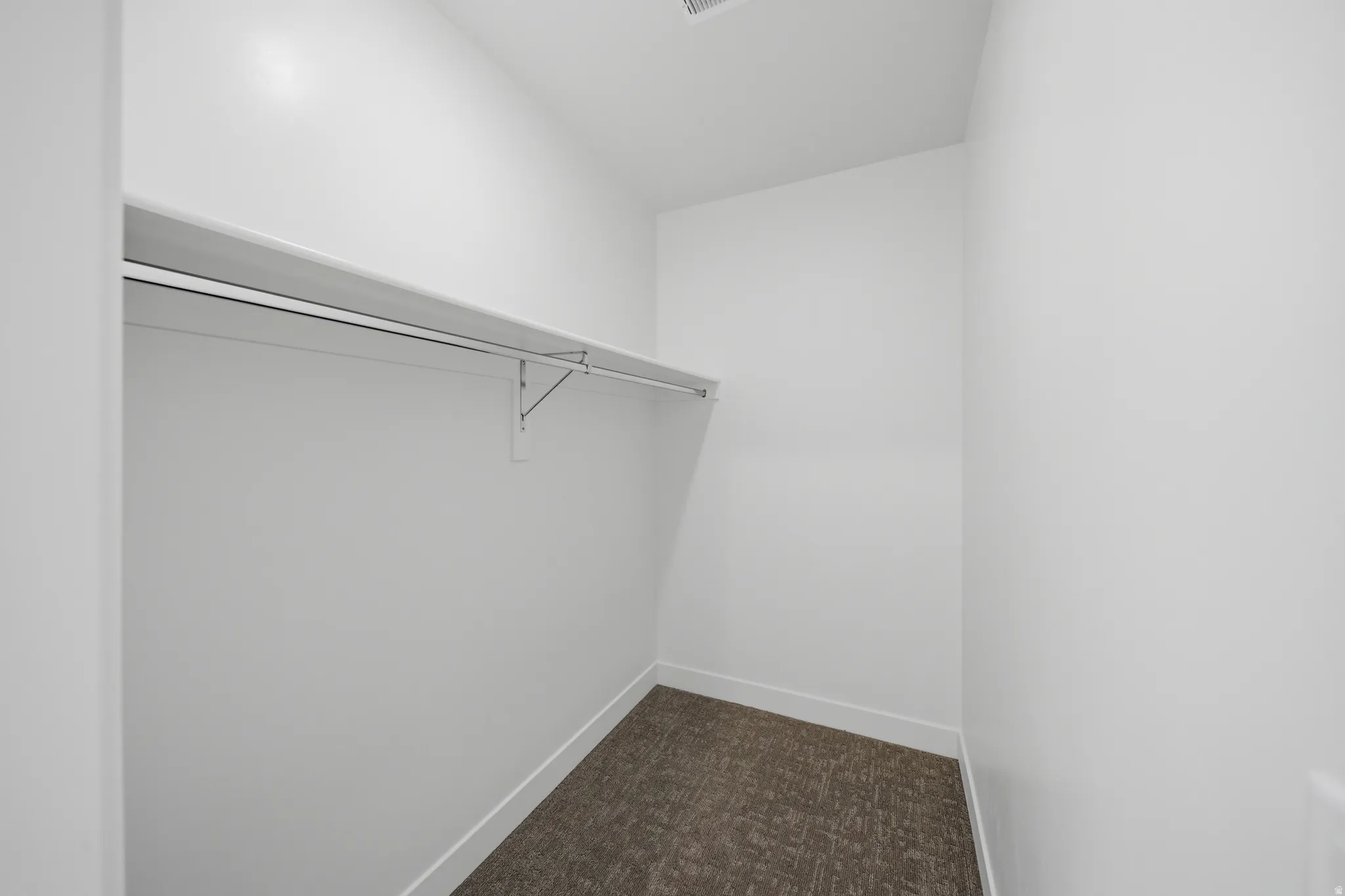 Walk-in closet featuring a single wire shelf, a metal hanging rod, and low-pile patterned carpet flooring