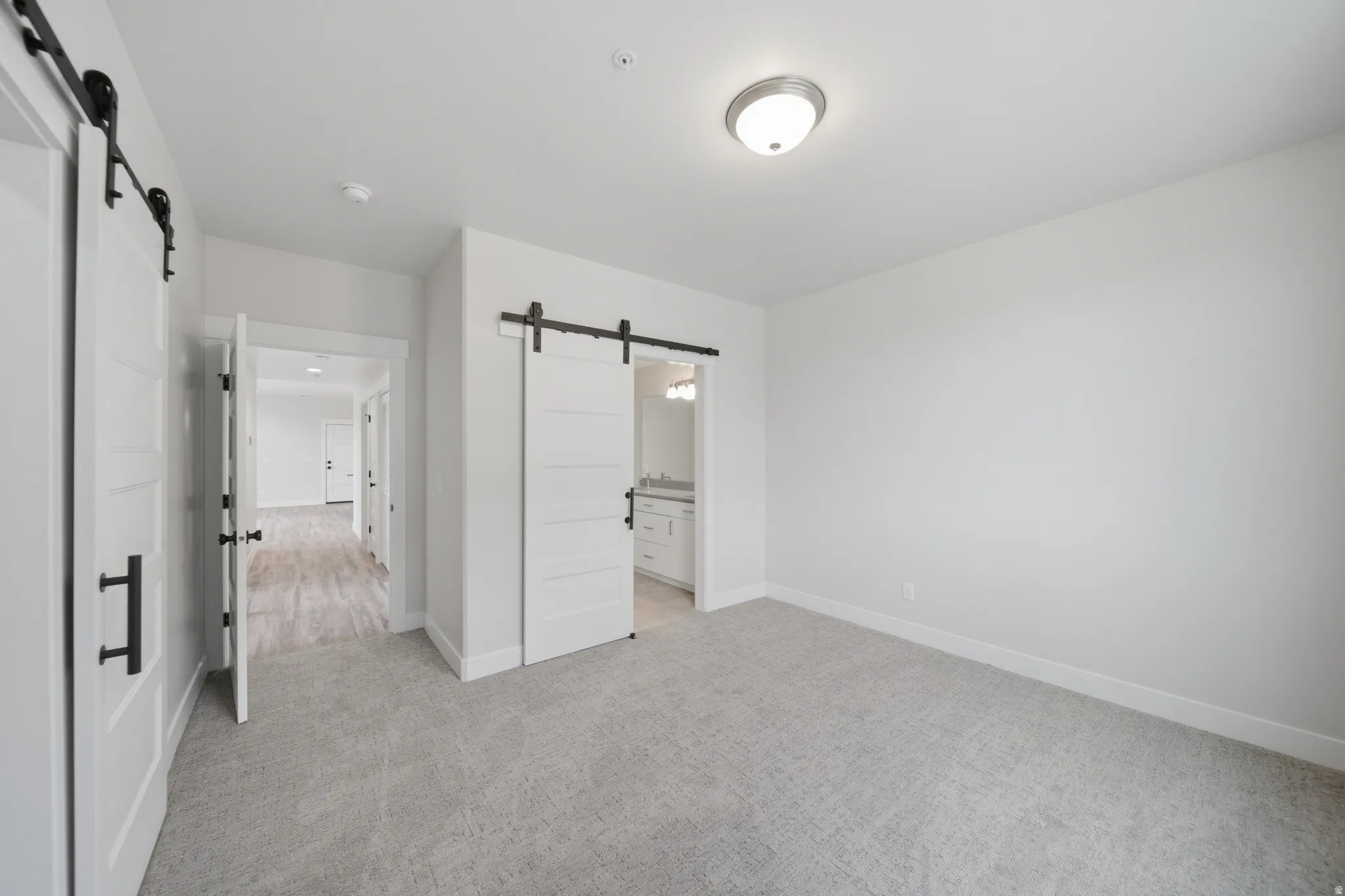 Room featuring light gray carpeting and white walls