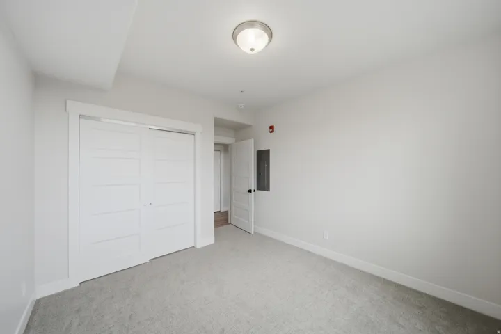 Light gray carpeted room with white walls and baseboards