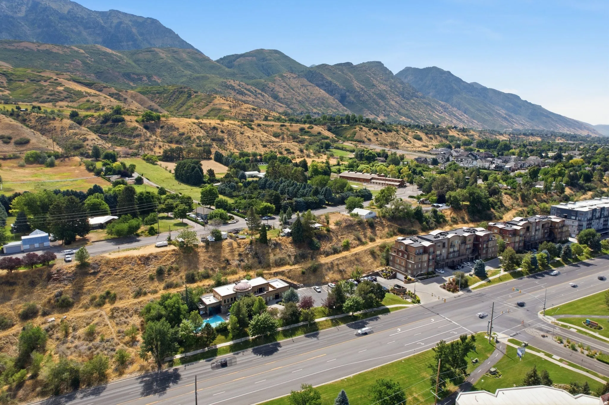 Mountainous backdrop with a clear sky