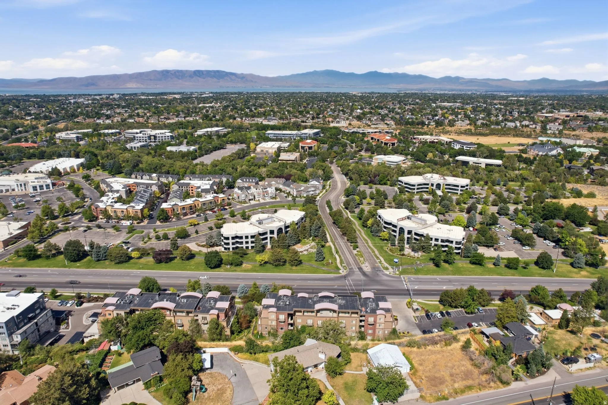Expansive aerial perspective showcasing a diverse urban landscape with verdant tree coverage and distant mountainous topography