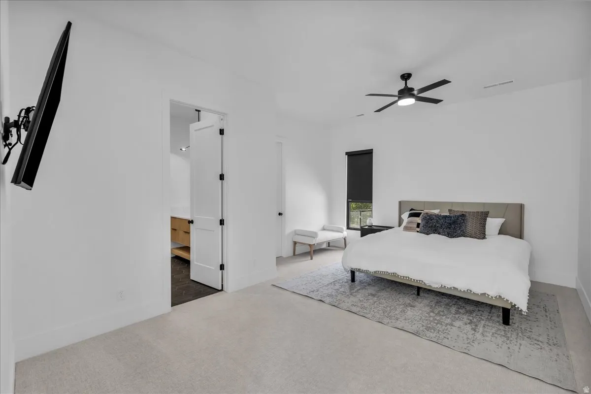 Light-filled interior space with neutral carpeting