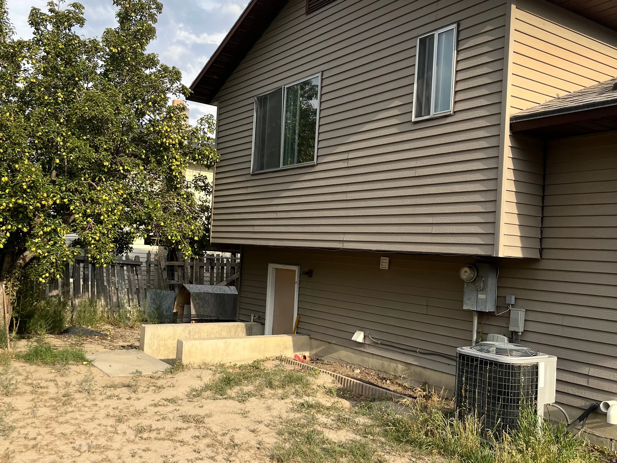 Features the back of the house and the back entrance to the basement.
