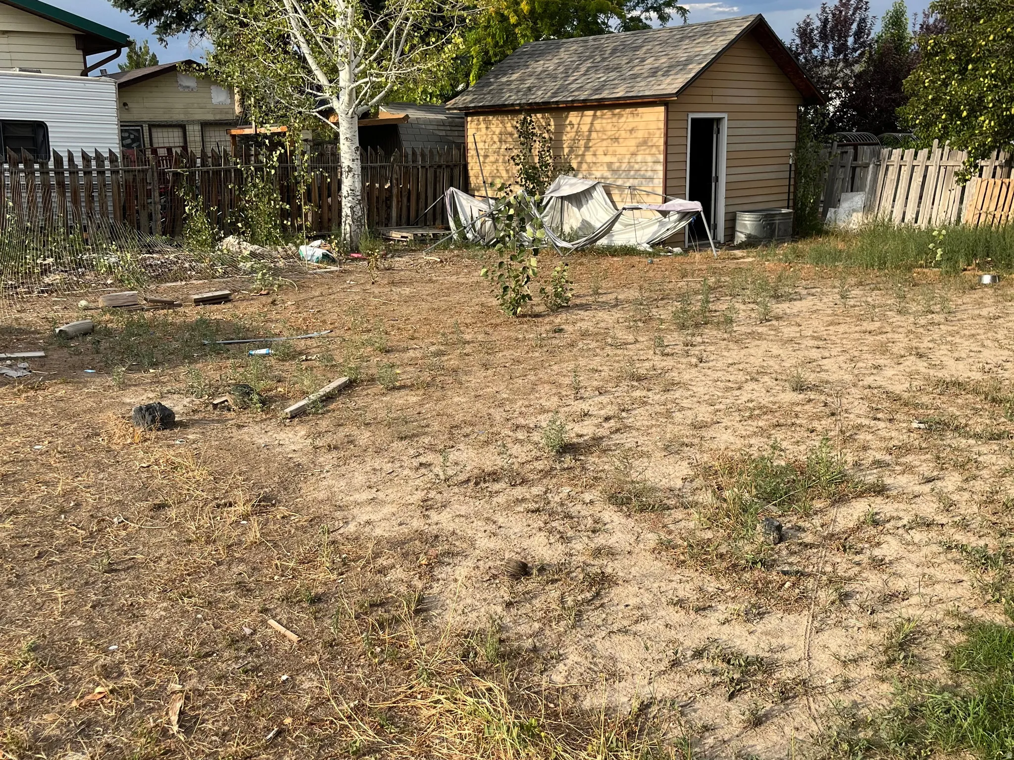 Backyard, features a shed and a garden area.