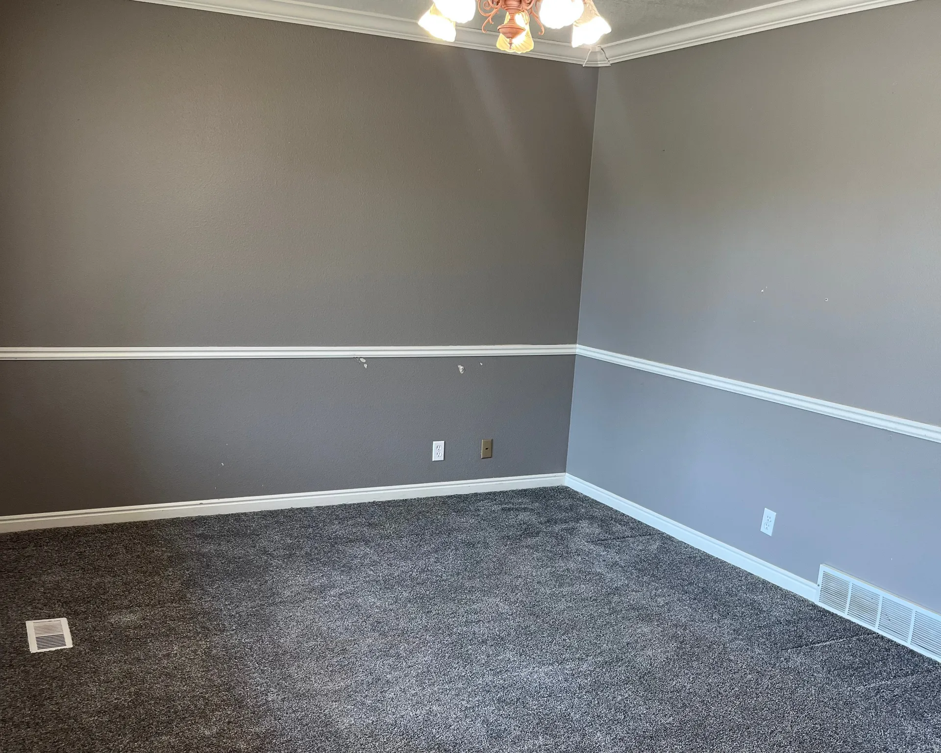 Spacious interior living room featuring new gray carpeting, chair rail molding, crown molding, and a built-in light fixture