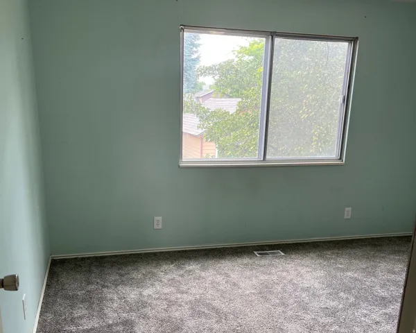 Newly carpeted master bedroom. Light green painted walls. Bedroom is 13.9' x 11.2'