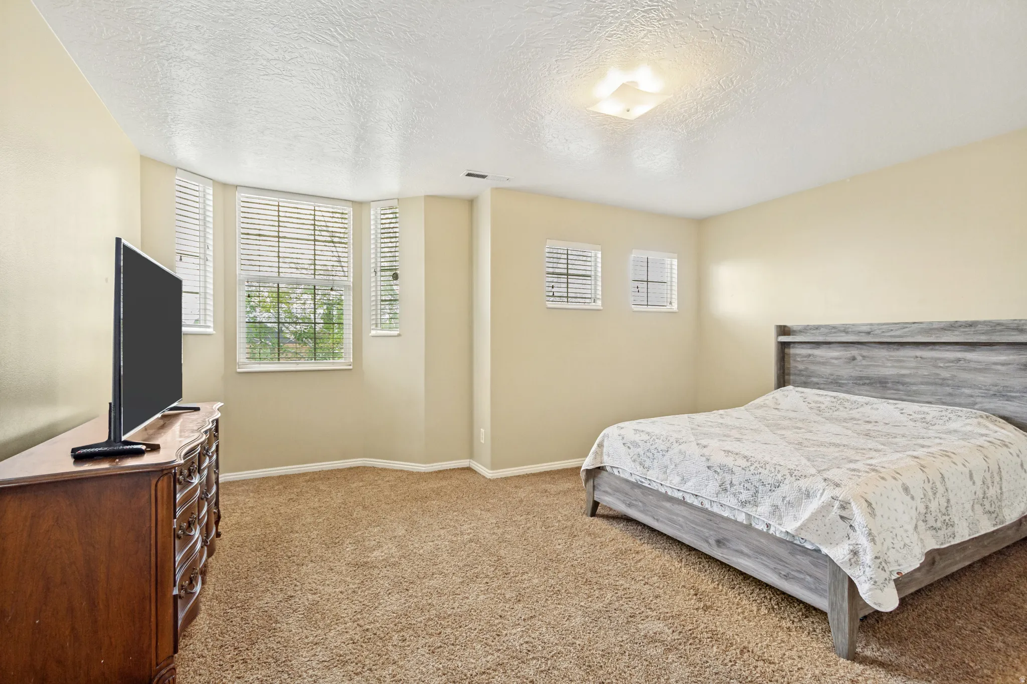 Carpeted room featuring a bay window with blinds, two additional square windows, and a flush-mount ceiling light fixture