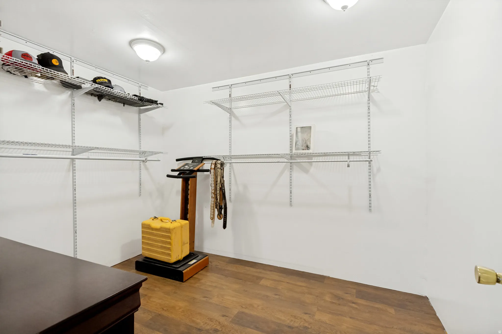 Spacious closet featuring wood-finish flooring, white walls, and extensive wire shelving systems