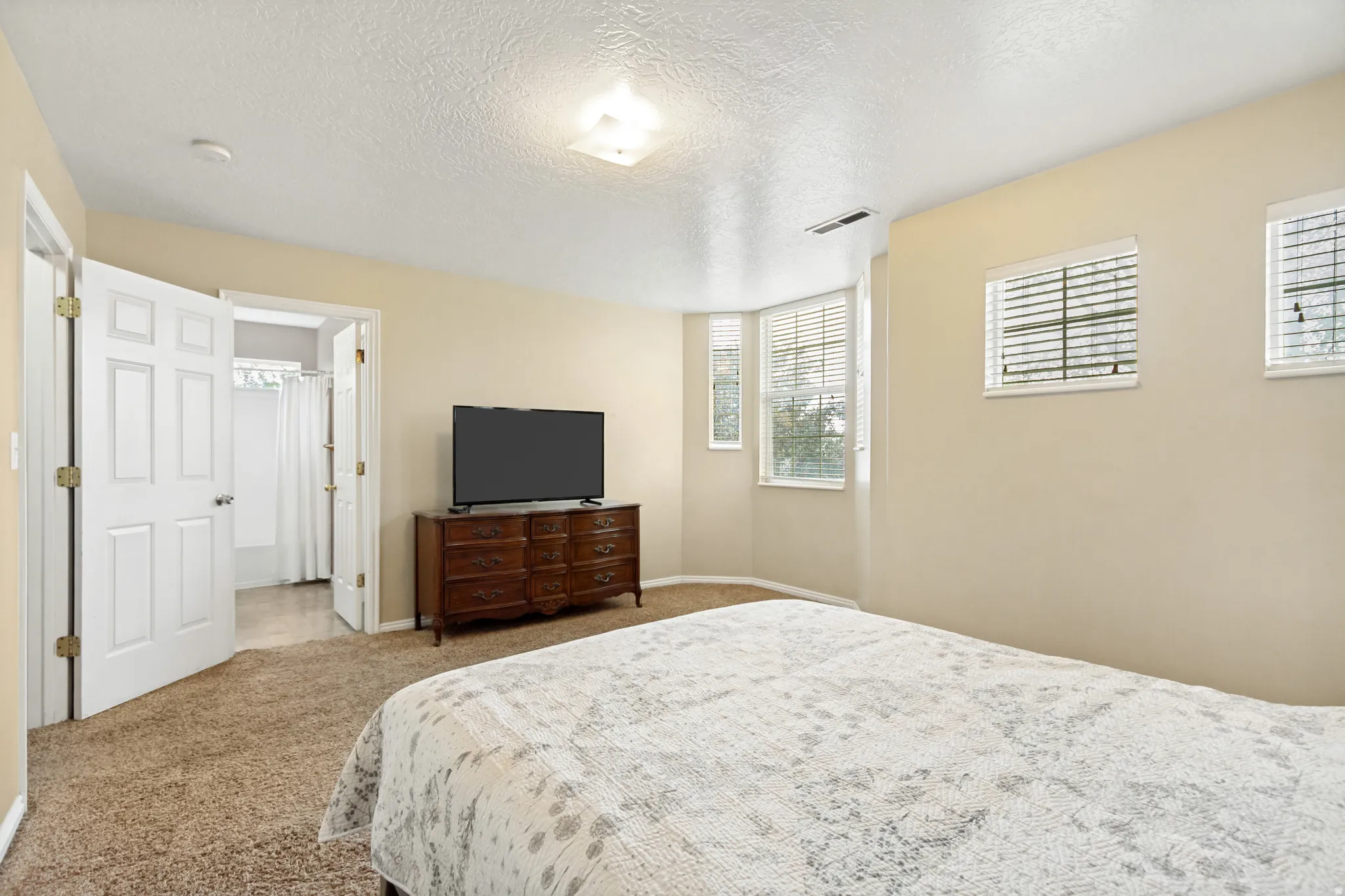Carpeted room with a ceiling light fixture and cream-colored walls
