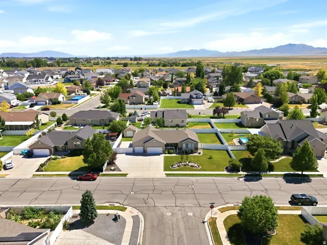 Residential neighborhood featuring single-story homes with attached garages, manicured lawns, and mature trees