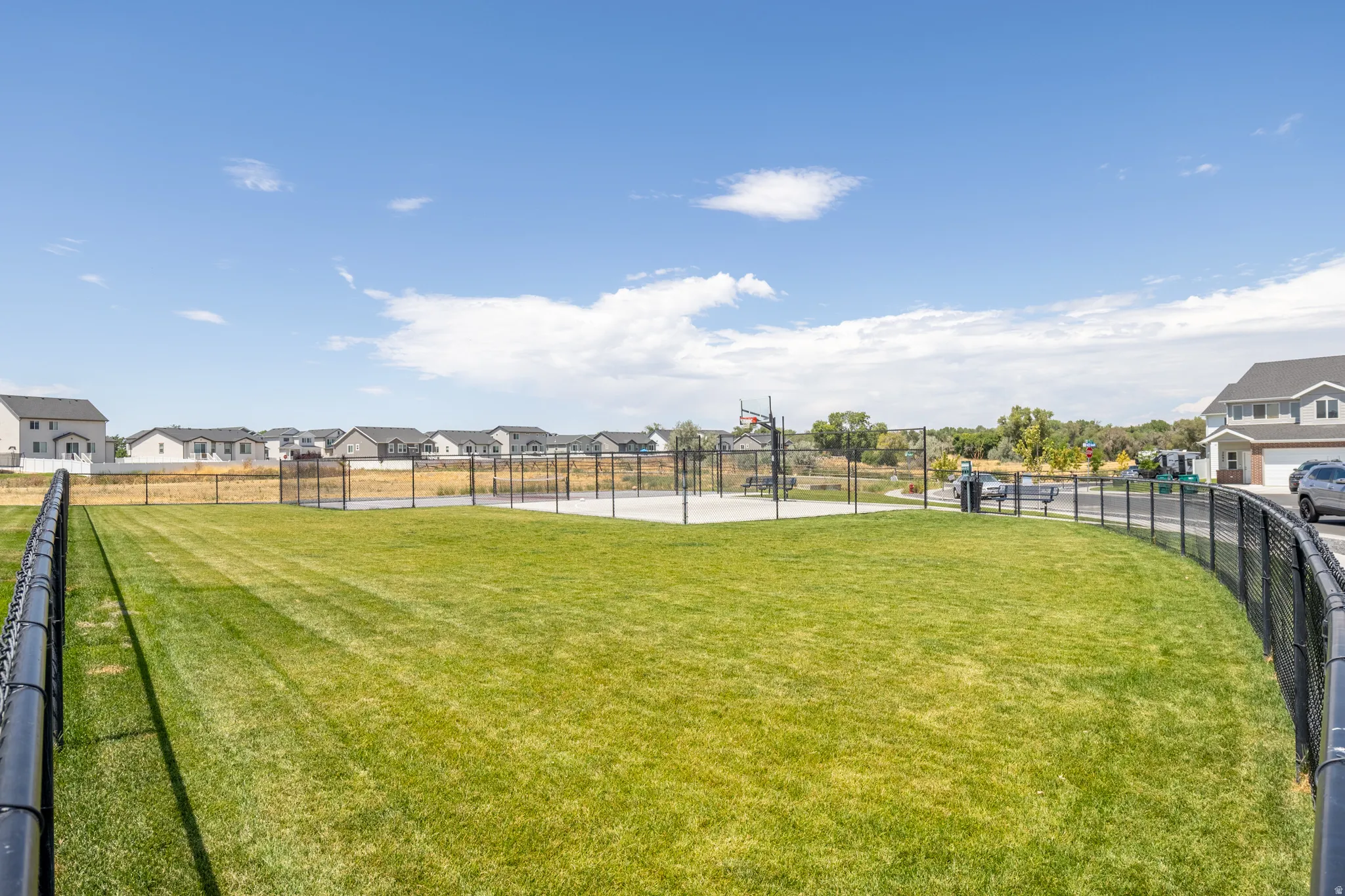 Expansive green space featuring a concrete sports court with a basketball hoop and perimeter fencing